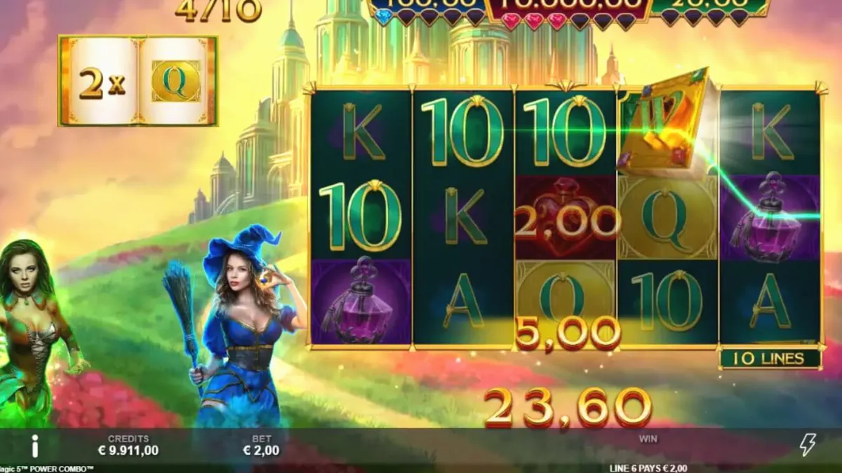 Interface mágica do slot Book of Oz Magic 5 Power Combo com elementos de fantasia