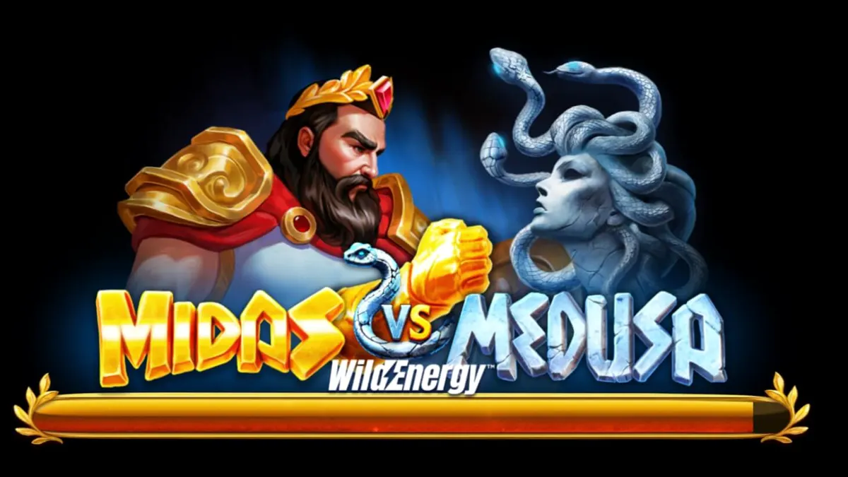 Midas VS Medusa WildEnergy slot machine interface com elementos dourados e mitológicos