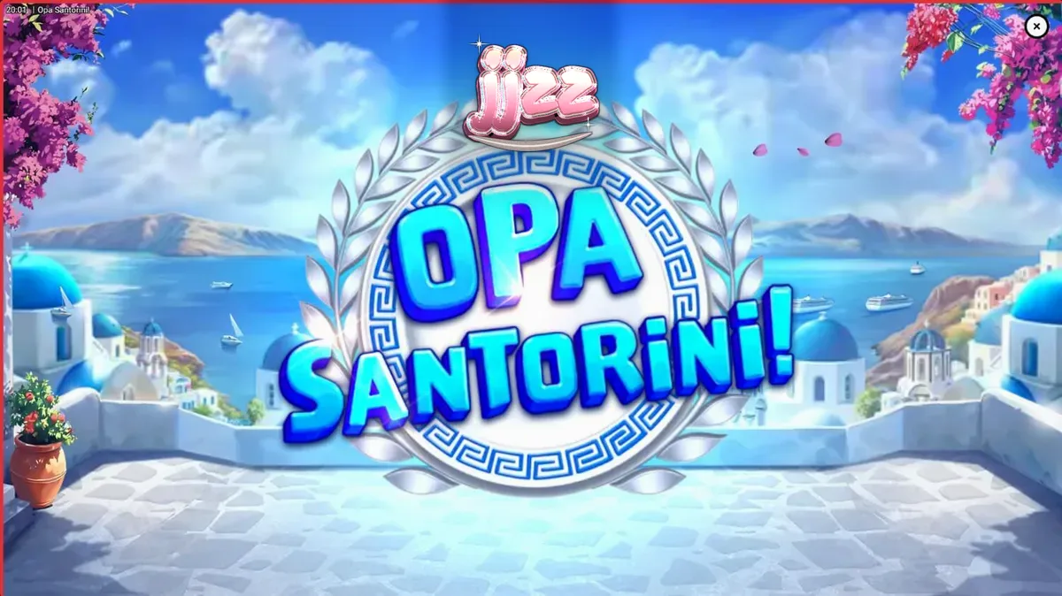 Vista panorâmica de Santorini com elementos do slot Opa Santorini!
